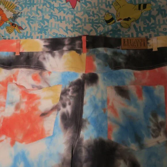 Heaven on Earth 1336 Tie Dye Stacked Denim Jeans Size 42x35 Raw Hem Orange Blue